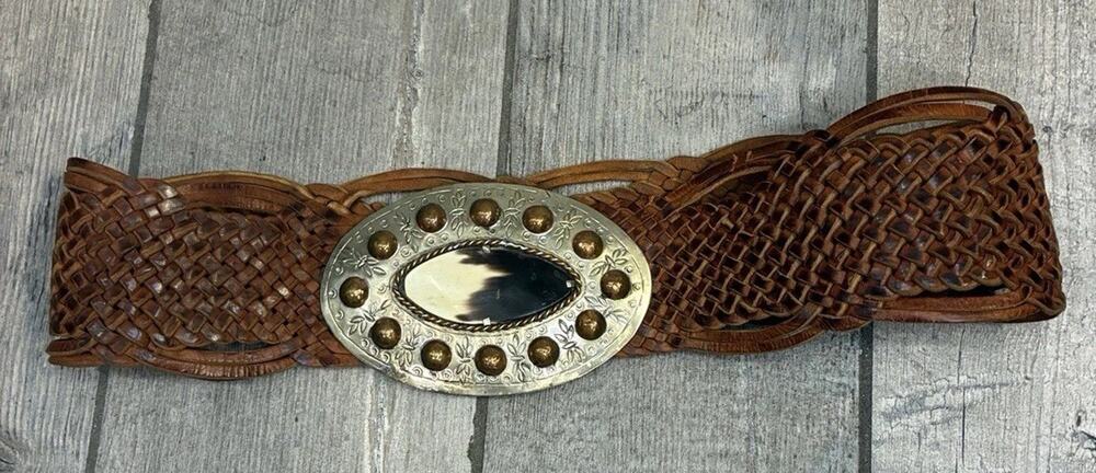Vintage Chicos Braided Leather Belt Brown Woven Wide Boho Horn Buckle Size S/M